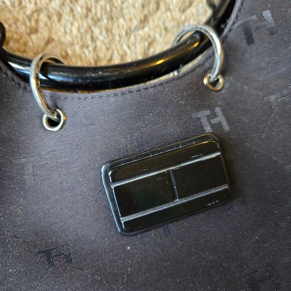Tommy Hilfiger Y2K Black Handbag Ring Handle Ring Canvas Streetwear Club - Picture 3 of 9